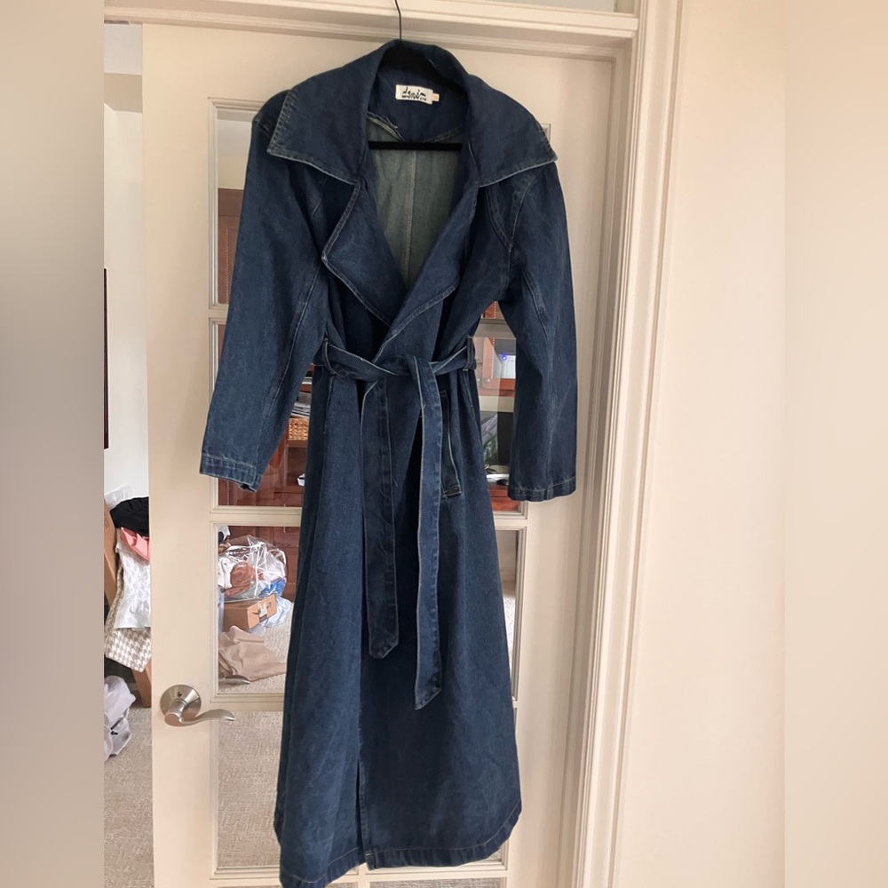 Paper Heart Boretto Long Denim Trench Coat with Belt - Dark Blue